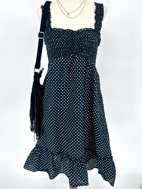 Y2K Black Polka Dot Dress Smocked Top Ruffle Hem Sleeveless Babydoll